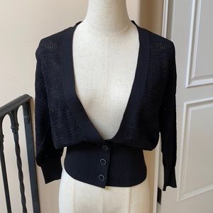 Black 3 button cardigan with 3/4 sleeve banded hem